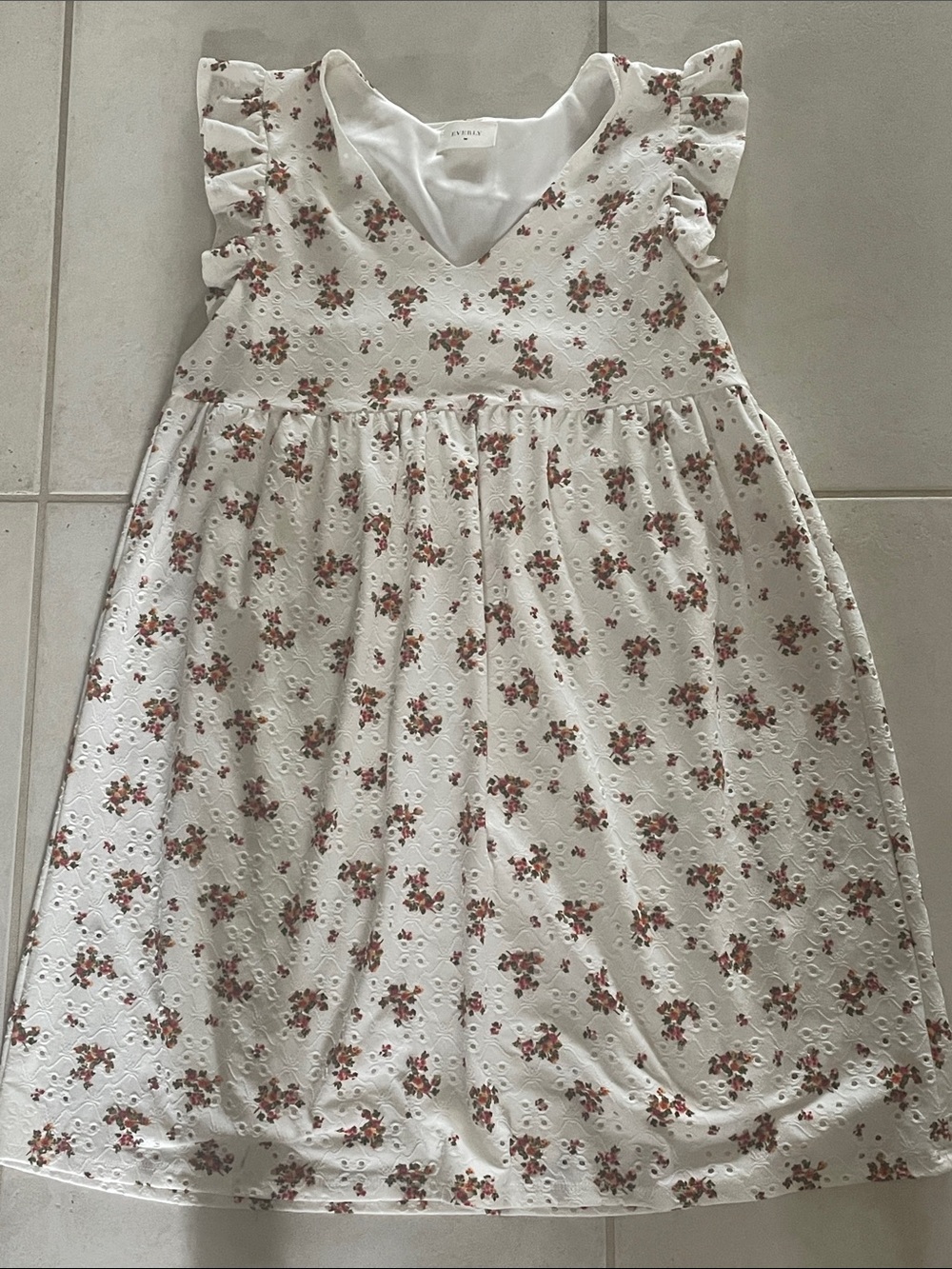 Everly Cream Dress with Pink Floral Eyelet and Ruffle Sleeves